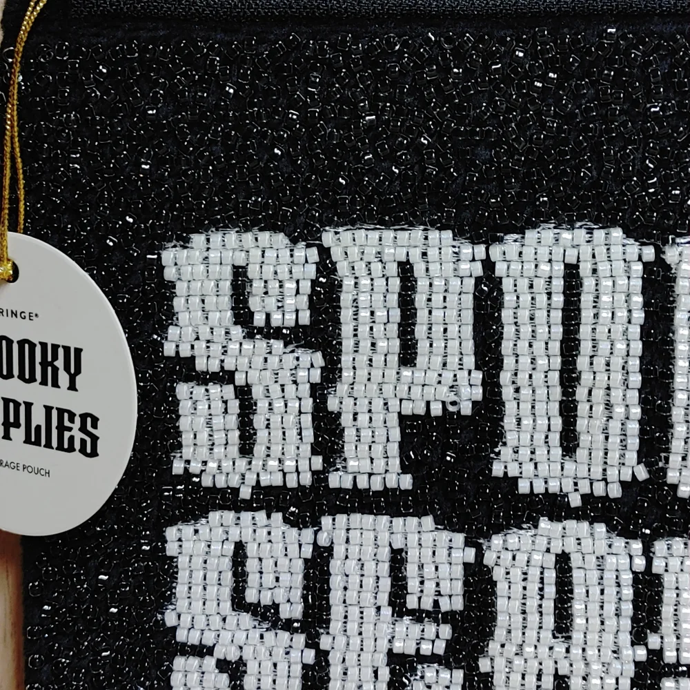 Spooky Season Beaded Halloween Pouch Clutch Black 6 1/4